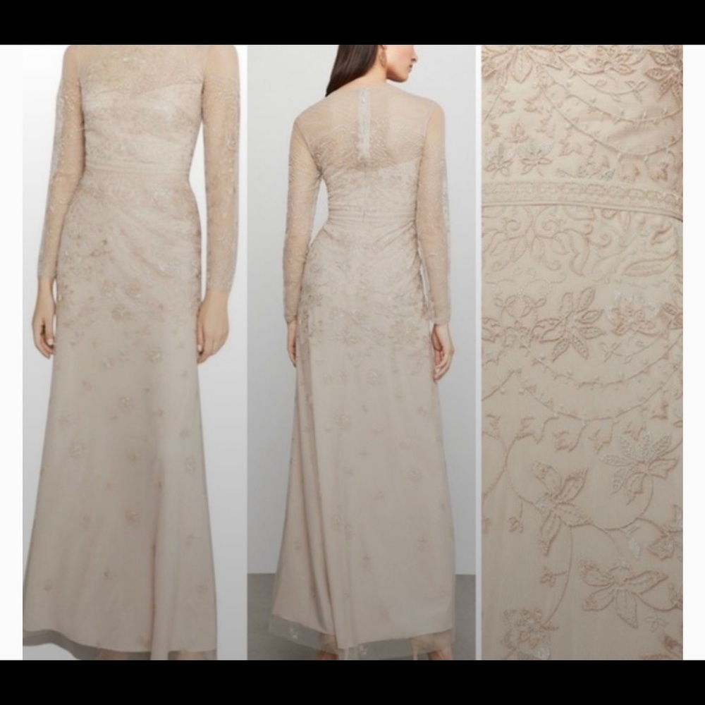 BCBG MaxAzria nude pink lace embroidered maxi dress